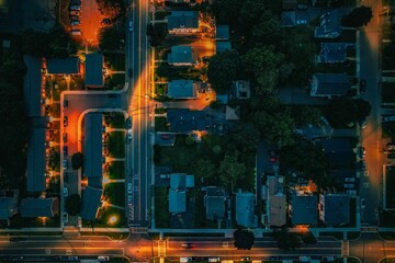 Top Down View of Neighborhood Street at night - obrazy, fototapety, plakaty