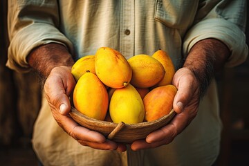 A man cradles a basket brimming with ripe mangoes, embodying the fruitful harvest in his hands.