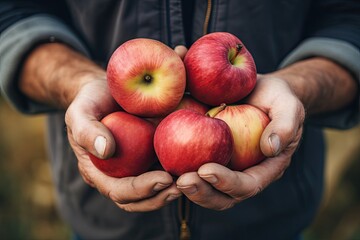 Amidst nature, an old farmer holds fresh, organic red apples, embodying autumn's harvest.