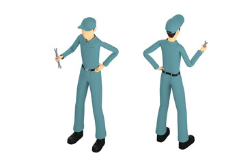 作業服を着た男性作業員の3Dイラスト。工具を持っている。