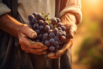 In a rural vineyard, a mature farmer's hands expertly pick ripe grapes, symbolizing the essence of...