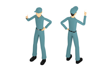 作業服を着た男性作業員の3Dイラスト。安全指導をしている。
