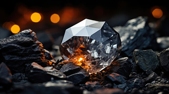A rare sparkling rough diamond crystal gem surrounded by coal