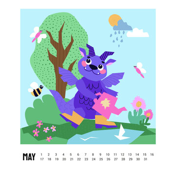 2024 Dragon Calendar. May. The dragon watering flower. Bee, butterfly. Cute Dragon cartoon mascot character. Spring Summer season. Happy New Year of the Dragon.