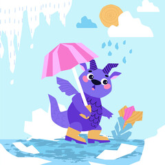Dragon hiding under an umbrella from the rain. Cute Dragon cartoon mascot character. Happy New Year of the Dragon.