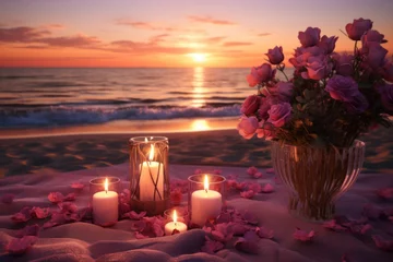 Deurstickers Romance by the sea side. Candles, flowers and sunset. Generative AI © barmaleeva