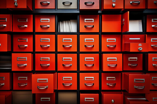 File cabinet with a wide open drawer full of files. Generative AI