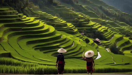 Poster Two vietnamese woman in a stunning green landscape of cultivated rice terraces. © SKOPUS DRON