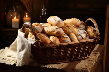 Freshly baked bread with crispy crust cut and served on basket. Generative AI