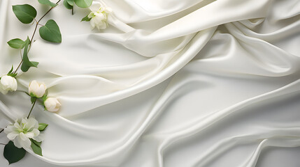 White silk background with flower drapery and green leaves. generative ai.