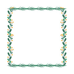Christmas frame with tree branch and yellow berries, leaves.
