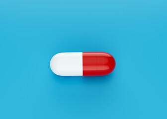3d Red And White Pharmaceutical Antibiotic Capsule Isolated On Blue Background, 3d Illustration