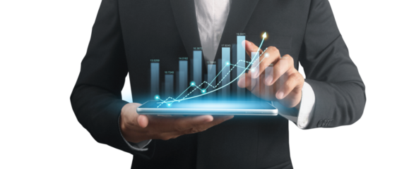 Businessman plan graph growth and increase of chart positive indicators ,tablet in hand