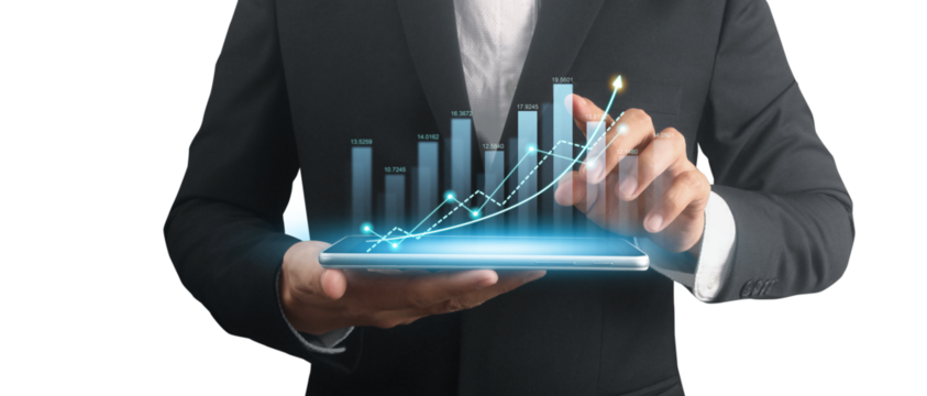 Businessman plan graph growth and increase of chart positive indicators ,tablet in hand