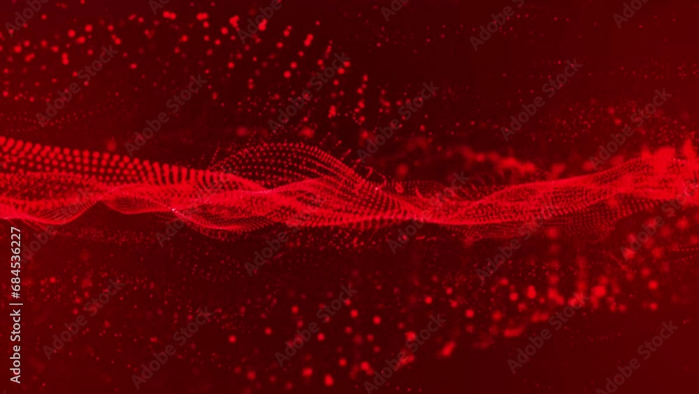 Poster flowing red dots and particles on a red background. abstract digital particle and dots wave and ligh
