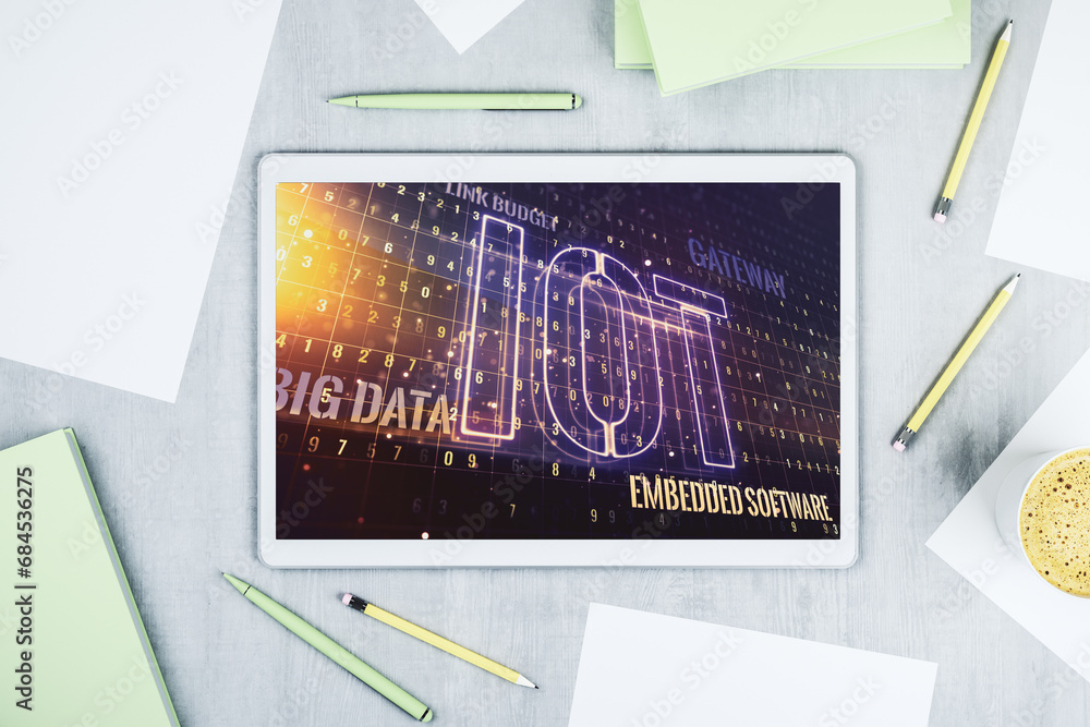 Poster Modern digital tablet monitor with creative IOT hologram, research and development concept. Top view. 3D Rendering