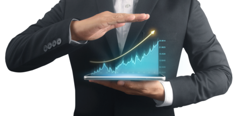 Businessman plan graph growth and increase of chart positive indicators ,tablet in hand