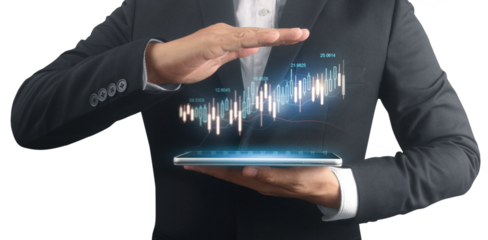 Businessman plan graph growth and increase of chart positive indicators ,tablet in hand