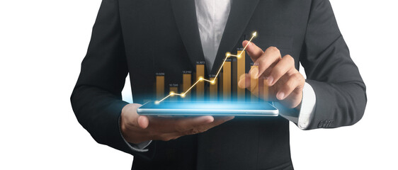 Businessman plan graph growth and increase of chart positive indicators ,tablet in hand