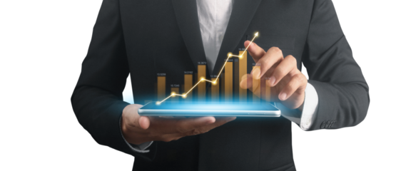 Businessman plan graph growth and increase of chart positive indicators ,tablet in hand