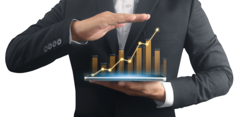 Businessman plan graph growth and increase of chart positive indicators ,tablet in hand