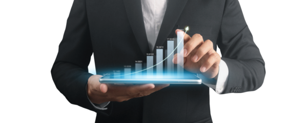 Businessman plan graph growth and increase of chart positive indicators ,tablet in hand