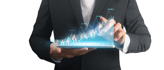 Businessman plan graph growth and increase of chart positive indicators ,tablet in hand