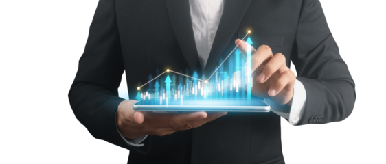 Businessman plan graph growth and increase of chart positive indicators ,tablet in hand