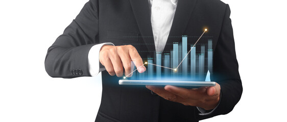Businessman plan graph growth and increase of chart positive indicators ,tablet in hand
