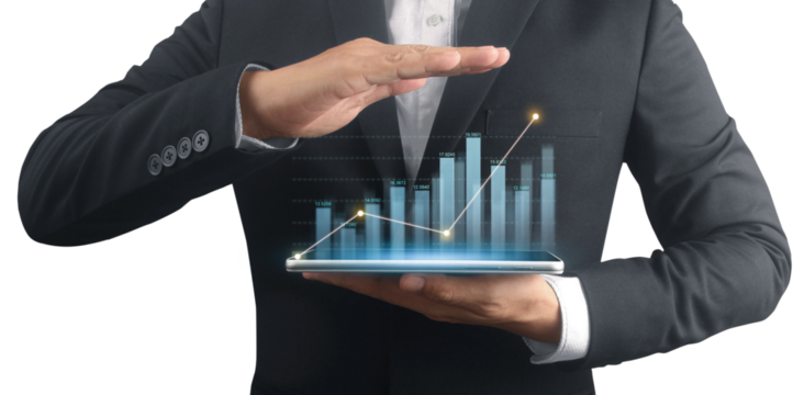 Businessman plan graph growth and increase of chart positive indicators ,tablet in hand