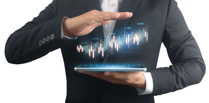 Businessman plan graph growth and increase of chart positive indicators ,tablet in hand