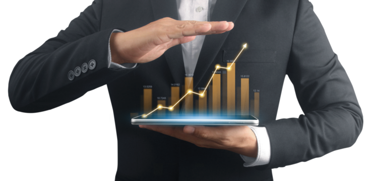 Businessman plan graph growth and increase of chart positive indicators ,tablet in hand