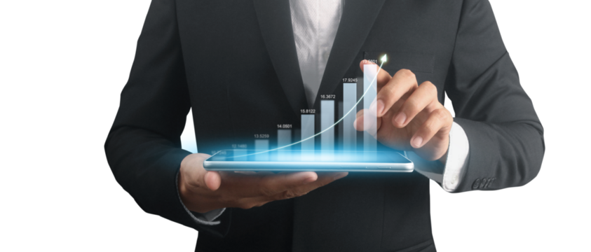 Businessman plan graph growth and increase of chart positive indicators ,tablet in hand