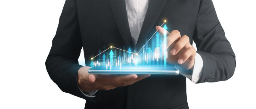 Businessman plan graph growth and increase of chart positive indicators ,tablet in hand