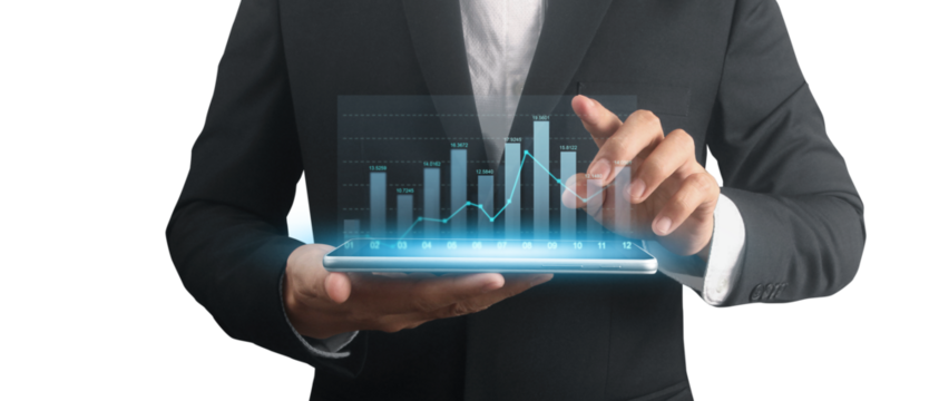 Businessman plan graph growth and increase of chart positive indicators ,tablet in hand - Powered by Adobe
