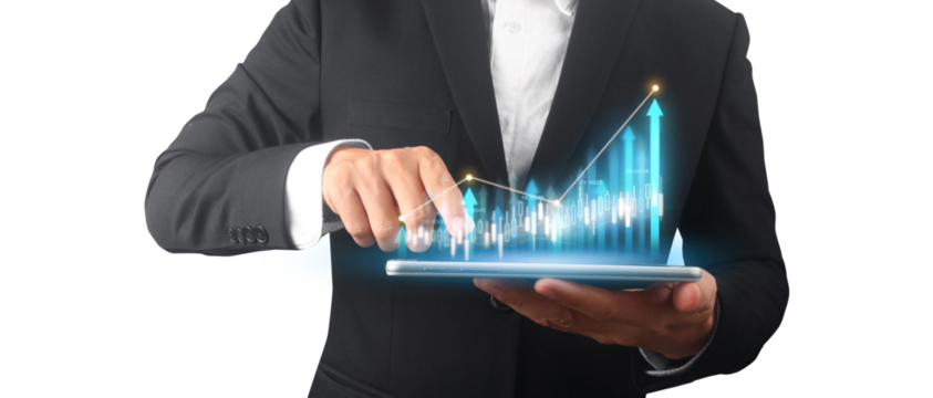 Businessman plan graph growth and increase of chart positive indicators ,tablet in hand
