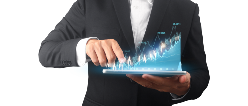 Businessman plan graph growth and increase of chart positive indicators ,tablet in hand