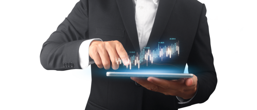 Businessman plan graph growth and increase of chart positive indicators ,tablet in hand