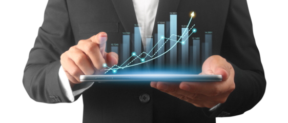Businessman plan graph growth and increase of chart positive indicators ,tablet in hand