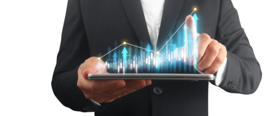 Businessman plan graph growth and increase of chart positive indicators ,tablet in hand