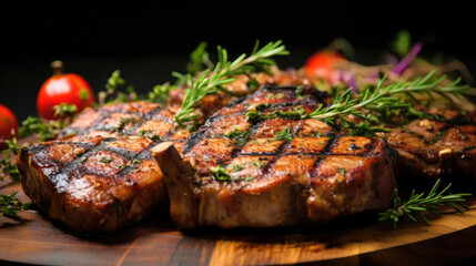 Delicious herb roast pork served with vegetables and tomatoes on a wooden cutting board created Generative AI Technology