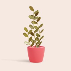 Minimal stylized simple beautiful trendy green plant in red pot for fresh air, for home and office decoration. Concept of large natural potted houseplant in cartoon style. 3d render in pastel colors.