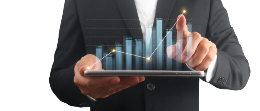 Businessman plan graph growth and increase of chart positive indicators ,tablet in hand