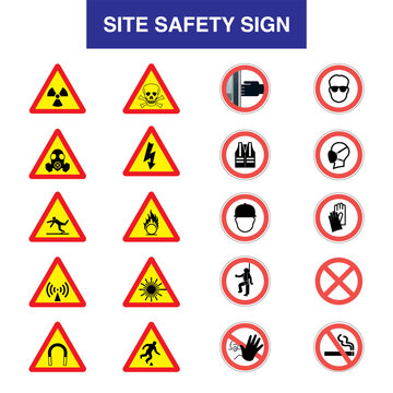 Set of safety equipment and mandatory signs. Construction health and work safety icons, hands away, safety helmet, gloves, ear and eye protection, mask, no access, no smoking, smoking zone. Vector.