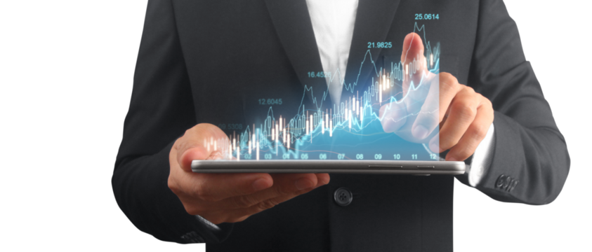 Businessman plan graph growth and increase of chart positive indicators ,tablet in hand