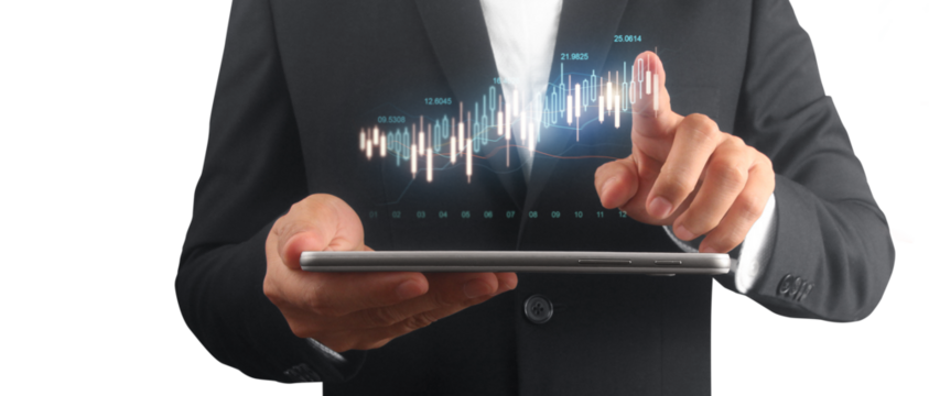 Businessman plan graph growth and increase of chart positive indicators ,tablet in hand