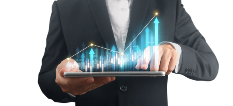 Businessman plan graph growth and increase of chart positive indicators ,tablet in hand