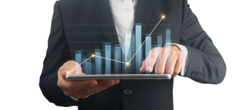 Businessman plan graph growth and increase of chart positive indicators ,tablet in hand