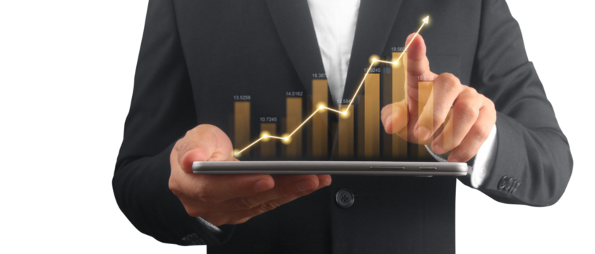Businessman plan graph growth and increase of chart positive indicators ,tablet in hand