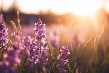 A bright summer meadow filled with blooming purple lupine flowers, bathed in warm sunlight.